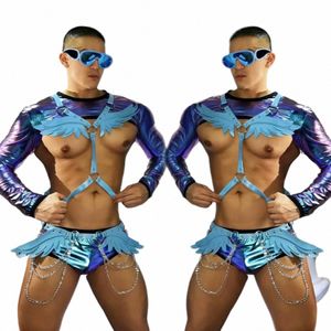 Blue Wing Chest Straps Sexy Pole Dance Costume Laser Tops Court Gogo Dancer Stage Outfit Adulte Clubwear Rave Vêtements VDB7256 q8Dr #