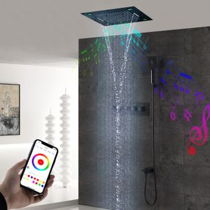 Cabezal de ducha con música Bluetooth, juego de ducha LED para techo de baño, cascada de lluvia, grifos de cabezal de ducha negros, mezclador termostático oculto