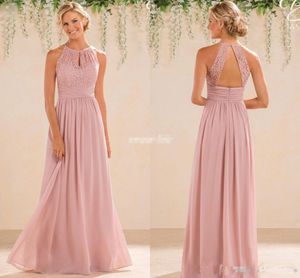 Blush dentelle mousseline de soie robes de demoiselle d'honneur une ligne col haut dos nu longue été plage jardin mariage robe de soirée robes de soirée