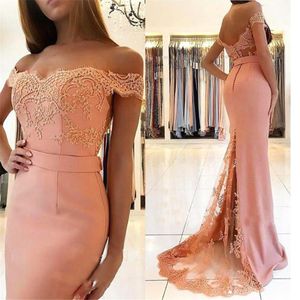 Blush Pink largo elegante vestido de noche Formal 2019 fuera del hombro encaje elástico satén sirena vestidos de graduación baratos hechos a medida