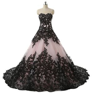 Blushing Pink Black Gothic Ball Gown Vestidos de novia Cariño Apliques de encaje Vestidos de novia vintage Boda no blanca Colorful2340