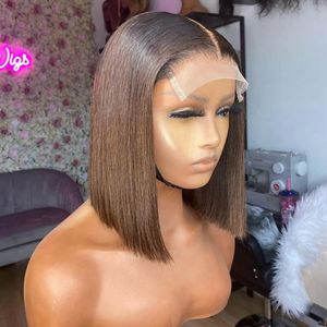 Bob Silky Straight Auburn Ombre 150 Density 100% Human Hair Front Lace Wigs for Black Women Preplucked Hairline Indian Remy Hairs full lacewigs bleached knots