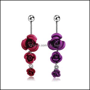 Body Arts Tatouages Art Santé Beauté 14G Trois Roses Nombril Anneau En Acier Chirurgical Nombril Piercing Bijoux Dangle Flowe Dh4Pd