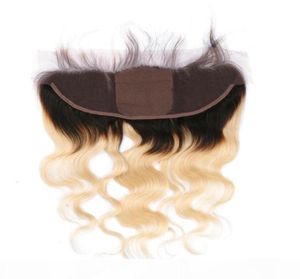 Vague de corps 1B 613 Blonde Ombre Base de soie de cheveux humains malaisiens 13x4 fermeture frontale en dentelle complète avec des cheveux de bébé trois parties centrales5979541836426