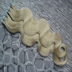 cinta de onda del cuerpo en extensiones de cabello humano 40 piezas de cabello de onda brasileño virgen Cinta de trama de piel de PU en / en extensiones de cabello remy # 60 Platinum Blonde