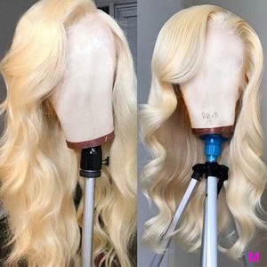 Body Wave Wig Honey Blonde Simulation Brésilienne Cheveux Humains Bleu / Rouge / Auburn Couleur Hd Frontal Highlight Synthétique Aucun Lace Front Wigs