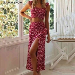 Top corto bohemio con estampado Floral rojo vino, sujetador sin mangas, Sexy para mujer, cintura alta elástica, falda larga con abertura, camisola fruncida, conjunto de 2 piezas 210429