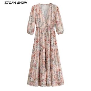 Bohême Ouvert Boutons Col En V Imprimé Floral Robe Split Femme Cravate Arc Ajuster Taille Ourlet Fente À Manches Longues Robes BOHO Plage 210429