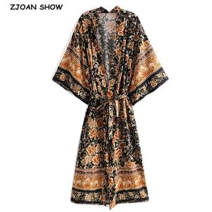 Bohemia V cuello naranja flor impresión larga kimono camisa negro étnico mujeres cordones arco fajas largo cardigan blusa suelta tops 210401