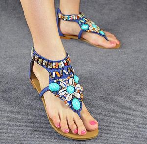 Sandalias planas de diamantes de imitación con cuentas de gemas de colores bohemios, chanclas para mujer, zapatos de playa, talla 34 a 40 41