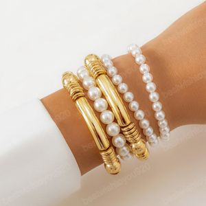 Bohème Imitation Bracelet perlé perlé pour femmes couleur or CCB Bend Tube Brangles Bangles Fashion Party Jewelry Wedding