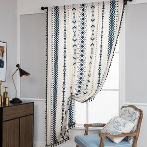 Bohemian Style Blue Tulle Curtain Wear Window Window Shade Stripe Plaid Decoration Modern Marifon Kitchen Bedroom Living Room 240429
