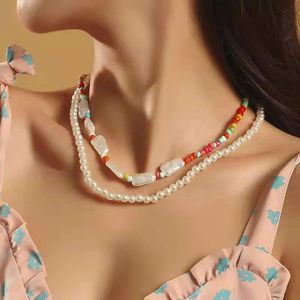 Collier multicouche de perles fait à la main, tendance bohème, pendentif en perles de riz exagéré, Simple et créatif, européen et américain