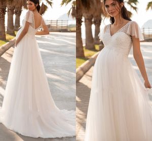 Robe de mariée bohème pour femmes enceintes, col en V, manches courtes, Simple, ligne A, paillettes, Robe de mariée de grossesse, 2023