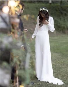 Robes de mariée blanches bohème 2019 col en V dos nu balayage train en mousseline de soie plage jardin pays robes de mariée robe de mariée grande taille pas cher