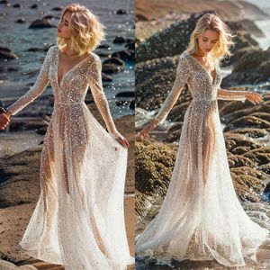 Boho una línea vestidos de novia con lentejuelas ver a través de cuello en V manga larga bata De velada vestidos de novia playa vestido de novia sin espalda