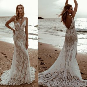 Boho Plage Dentelle Robe De Mariée Sirène Spaghetti Bretelles Longues Robes De Mariée Sans Manches Illusion Nue Doublure Dos Nu Pays Robe De Mariage 2023 Été