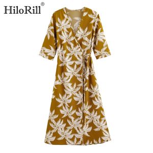 Boho Floral Print V Neck Wrap Dress Mujer Verano Media manga A Line Beach con cinturón Casual Holiday Midi es 210508