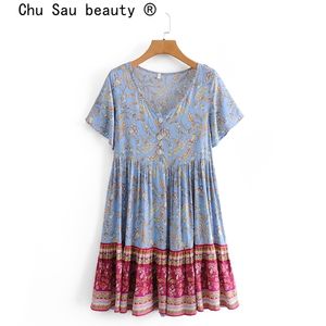 Boho Style Vintage Floral Print Mini Dress Femmes Vacances D'été Lâche Simple Boutonnage Robes Femme À Manches Courtes Beachwear 210508