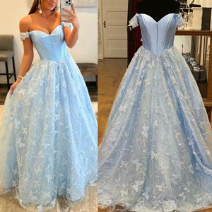 Robe de bal à corsage désossé 2k24, robe de bal ornée de papillons, robe de concours de beauté pour préadolescente, hiver, soirée formelle, piste de gala, robe de concours, épaules dénudées, bleu clair, rose