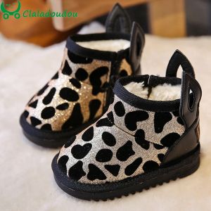 Boots 11.515cm bébé garçons filles bling bling leopard bottes de neige, oreilles mignonnes or bottise bottise d'hiver chaude avec moelleuse, chaussure d'hiver