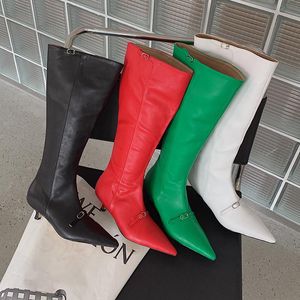 Botas 2021 Moda Elegante Mujeres Tacones Altos Rodilla Muslo Alto Invierno Diseñador Cinturón Verde Hebilla Zapatos Largos