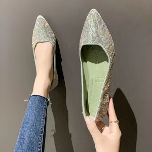 Botas 2022 zapatos planos de diamante mujer mocasines puntos puntiagudos zapatos de cristal plano más ligero zapatos de boda de tacón oculto de diamante puntiagudas