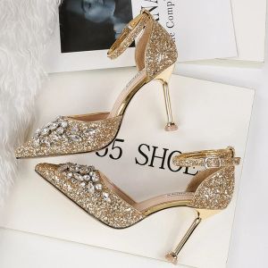 Botas 2023 mujeres verano 9.5cm tacones de altura sandalias de cristal dama brillo brillo bombas lentejuelas lentejuelas de boda sandles zapatos