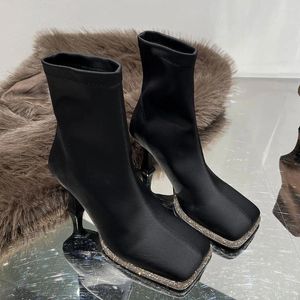 Botas 2024 Diseño de marca Tobillo de mujer Gran calidad Elegante Tacones altos Vintage Square Toe Calcetín Botines Zapatos modernos para mujer