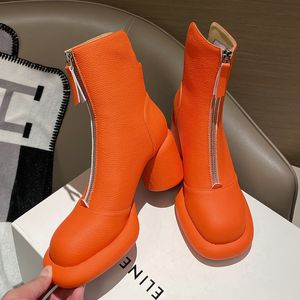 Bottes 2024 femmes bottines de base en cuir véritable fermeture éclair ronde talons hauts plates-formes dames chaussures noir Beige Orange 230830