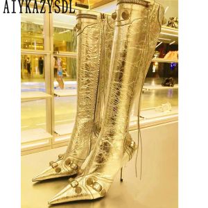 Boots Aiykazysdl 2023 Gold Silver Women Rivets Metallic Studs Punk Boots Gnee High Neon Yellow Long Gothic Motorcycle Boots 43