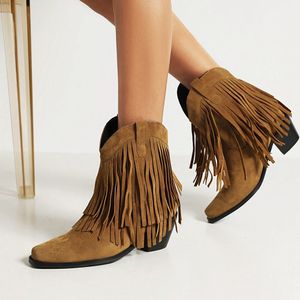 AOSPHIRAYLIAN femmes troupeau gland franges Western Cowboy bottines sans lacet givré talons carrés Cowgirl chaussures pour femmes 230803