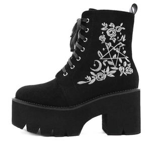 Botas Botines de plataforma de otoño para mujer Diseño de bordado con cordones Punk Goth Botas de moda Cuñas de punta redonda Zapatos negros Botas de marca