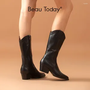 Boots beautoday Cowboy Femmes Cow Leather Mid Calf côté Zip Pointed Toe Automne Fashion Ladies chaussures à la main 06106