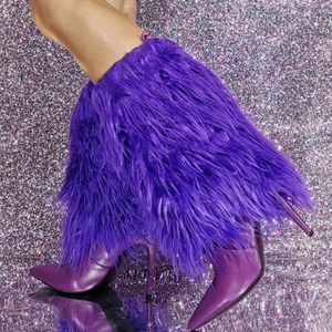 Bottes Grande taille 47 violet épais fourrure superposition chaussons courts talons minces demi genou bottes hautes femmes bout pointu plié sur des chaussures en fourrure 231129