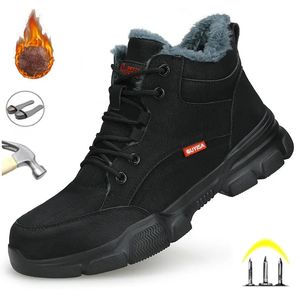 Botas de cuero negro invierno felpa trabajo de seguridad para hombres impermeable anti presión de uñas zapatos de trabajo calzado de punta de acero indestructible 231124