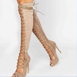 Botas negras sexis por encima de la rodilla para mujer, zapatos de verano con punta abierta y tacón alto cruzado hasta el muslo, zapatos de talla grande a la moda para mujer 2021 220901