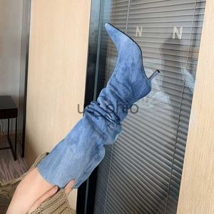 Botas Blue Denim Knee High Cowboy Bots for Women 2023 Autumn plisado Tacones altos Botas Mujer Stiletto Heeled Jeans Botas Zapatos J230811