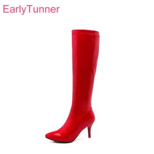 Bottes Brand New Winter Sexy White Red Femmes Knee High Party Boots High Heels Lady Svening Shoes ES022 Plus Big Taille 11 32 43 48
