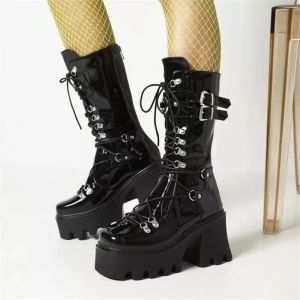 Bottes Chunky Platform Cuir Medium Boots Femme's Retro Punk hauteur augmentant Gothic Punk Knight Boots Ladies Lace Up Boties Hiver