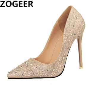 Botas Classic Gold Silver Blue High Shoes Mujer Bombas Moda sexy Luxury Rhinestone Wedding Party Shoes Ladies Spring Autumn