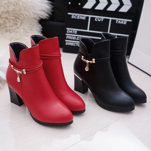 Botas comemore otoño invierno zapatos de mujer rojo tacón medio tacones altos señoras tubo cremallera bota corta femenina 220915