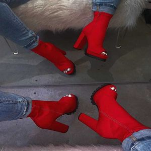 Bottes Comemore femmes chaussures cheville femme Sexy talons hauts motif Zip dames rouge noir femme bout ouvert chaussette femme 43 Y2209