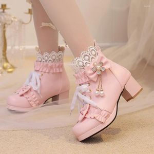 Botas lindo lolita estilo cristal flor perla cadena tobillo chicas cruzadas 2023 zapatos de fiesta de otoño para princesa 7 10 12 14 16 18