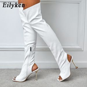 Botas Eilyken Nuevo diseño Blanco Negro Peep Toe Sobre la rodilla Moda Pasarela Sexy Zip Womans Cut-Out Thin High Heels Shoes L220916