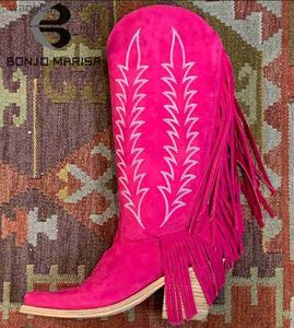 Bottes Brodées Western Bottes Pour Femmes Cowboy Vache Filles Fringe Gland Conception Cheville Genou Haute Bottes Vintage Marque Nouvelles Chaussures Confortables T230713