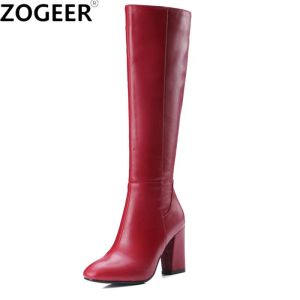 Boots Fashion Winter Knee Boots High Femme Pu Leather Bloc haut talon haut Tall Boots Boots Femme Femelles chaussures Ladies Black Red Quality