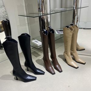 Bottes mode femmes genou haute 2022 arrivées retour fermeture éclair bout carré chaussette chaussons noir marron Beige Stretch chaussures femme 35-39