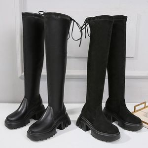 Botas FONBERRY Tamaño Chunky Suela Plataforma Estiramiento sobre la rodilla Alta Mujer Elegante Atrás Lace Up Tubo ancho Montar largo