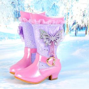 Botas Tacón de niña Rhinestone Mariposa Princesa Barcos Azules Niños Bote de terciopelo de tacón alto Mantener caliente